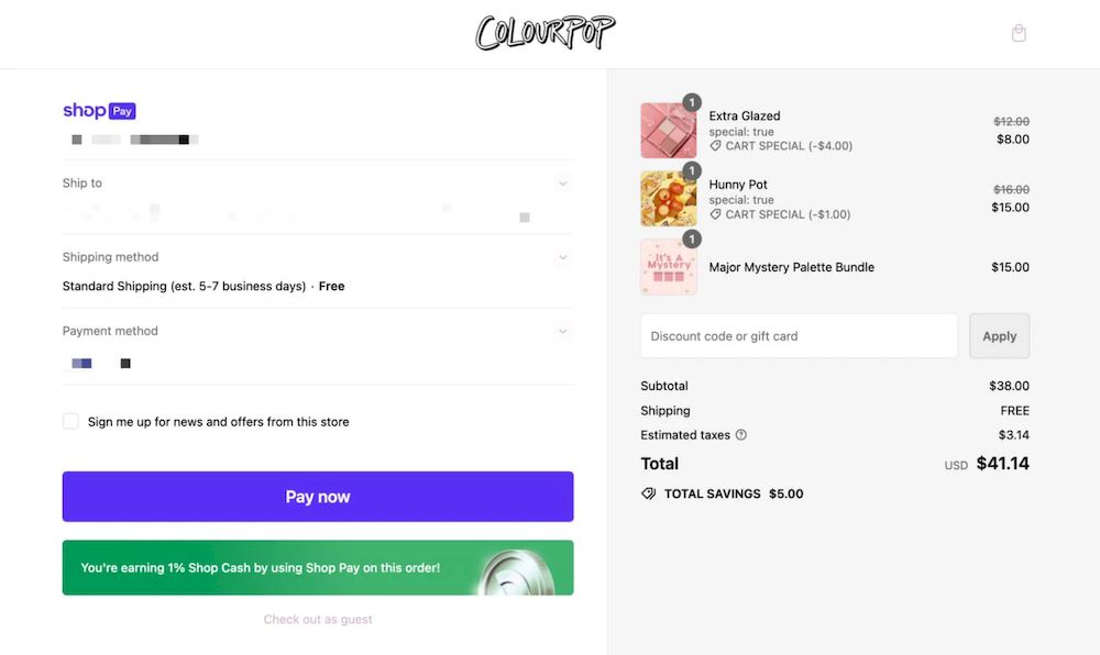 ColourPop结账页面的订单摘要，提供优惠和免费配送选项。