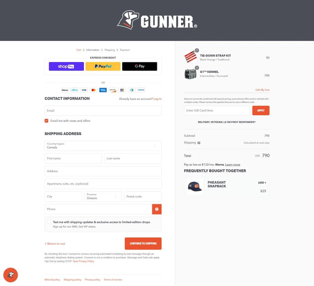 Gunner Kennels结账页面，显示购买所需字段和可选字段。