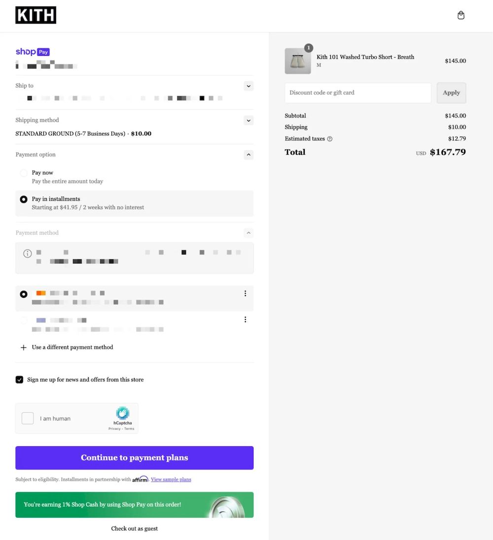 Kith的结账页面，包含配送选项、付款方式和订单总摘要。