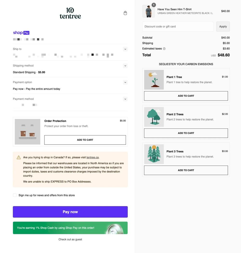 Tentree结账页面，提供碳排放抵消和订单保护选项。