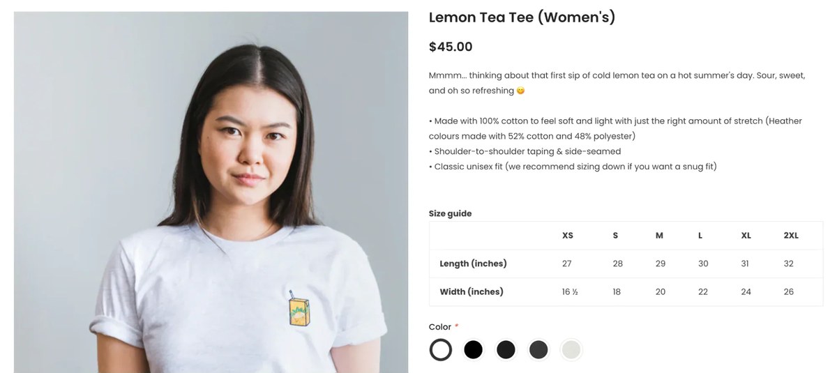 按需打印T恤产品页面和尺码表示例