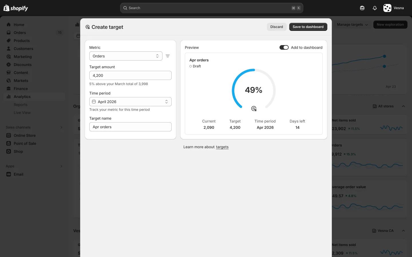 Shopify Analytics 设置指标目标示例